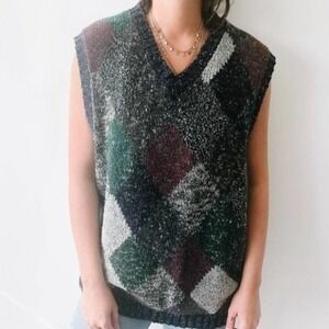 Perry Ellis Argyle Sweater Vest XL Green Burgundy Grey‎ Wool Blend V-Neck Knit